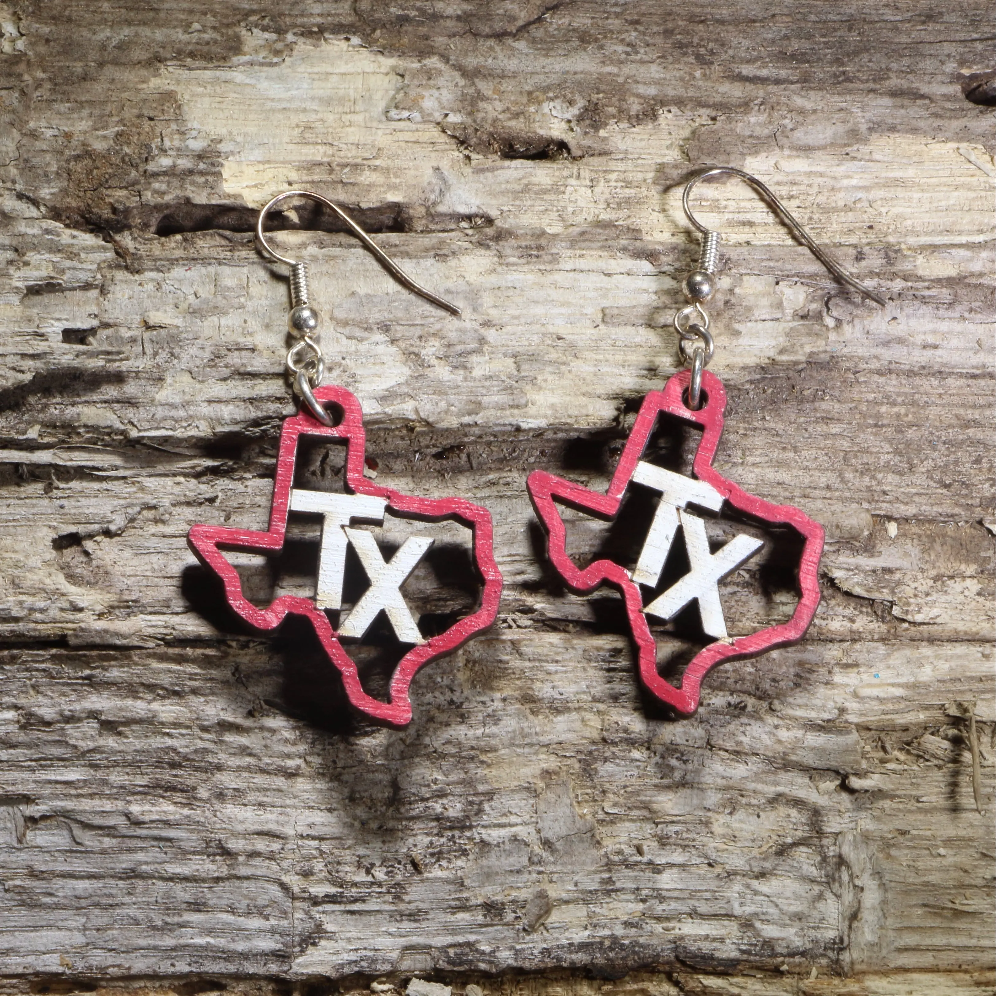 Texas TX Letter Wooden Drop Earrings - French Wire, Hypoallergenic, Lightweight Southern State Pride Fashion Costume Jewelry for Daily Wear, Game Days, Graduation