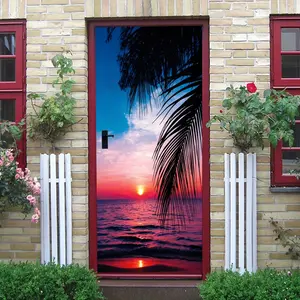 2pcs Tropical Sunset Sea View Wall Stickers Removable Self Adhesive Wallpaper Palm Leaf Ocean Scenery Mural Living Room Bedroom Decorative Stickers Home Wall Decoration Collage Self-Adhesive Door Sticke