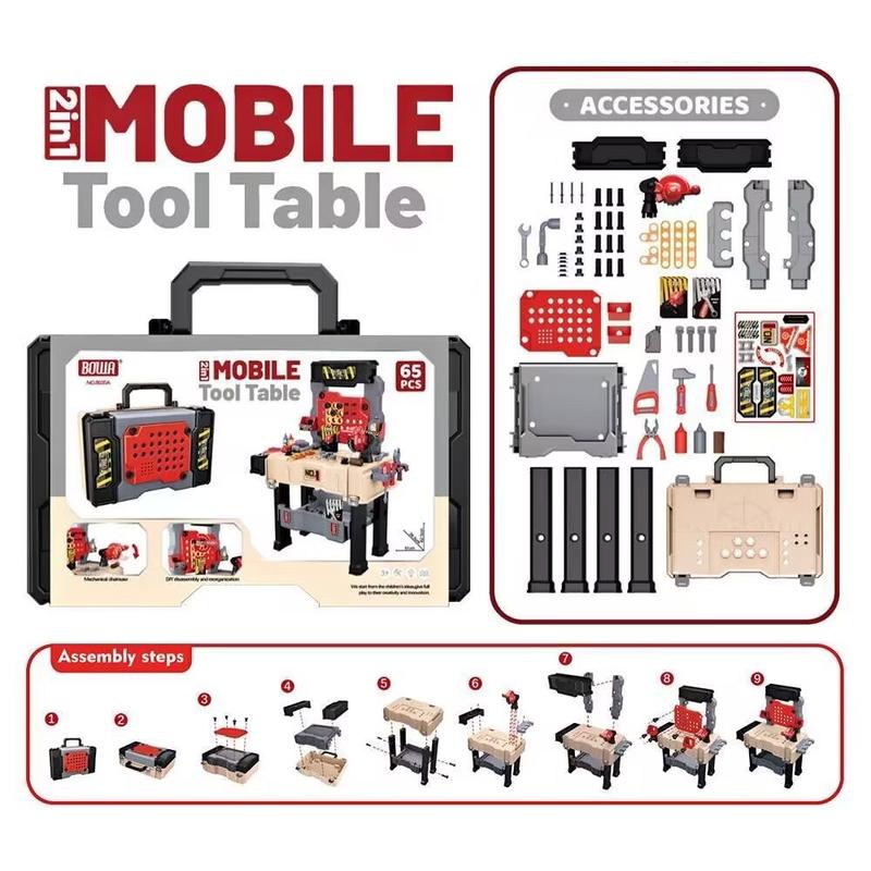 2-in-1 Kids Tool Bench & Mobile Repair Play Set,65 Pcs with Electronic Drill Toy, Screwdriver & Realistic Tools, STEM Pretend Play for Ages 3-5