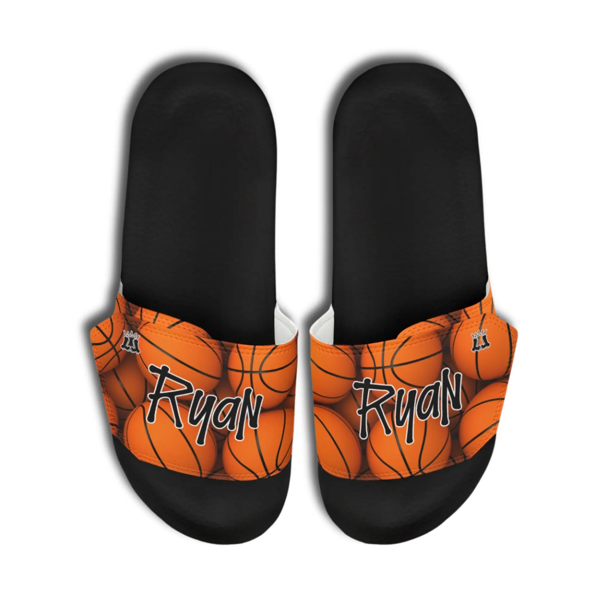 Men's Personalized Name Basketball Slides - PVC Upper, Velcro Adjustable Strap, Flat Sole, Slip Resistant, Sturdy Structure, All Seasons Easy On-and-Off Casual Wear, Name Personalization Tip: Store in Cool Dry Place