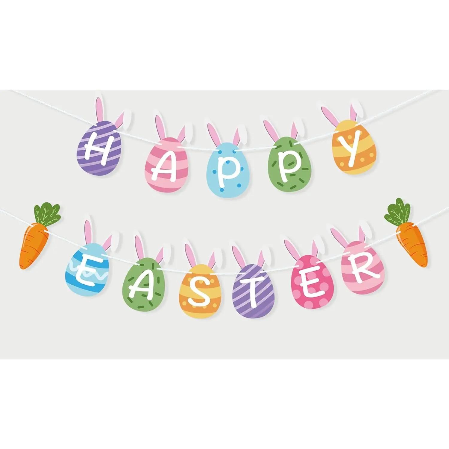 Happy Easter Banner Mantle Fireplace Decorations  Egg Themed Bunny Carrot Garland Spring Party Home Office Classroom Decor Bunting