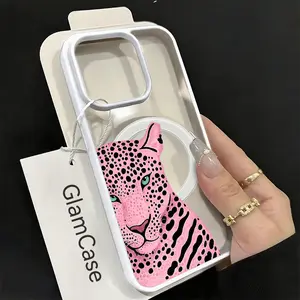 GlamCase Pink Leopard Print Phone Case for iPhone 17 16 15 14 13 12 11 Plus Pro Max Bold Abstract Style Acrylic Frosted Magnetic Suction Case