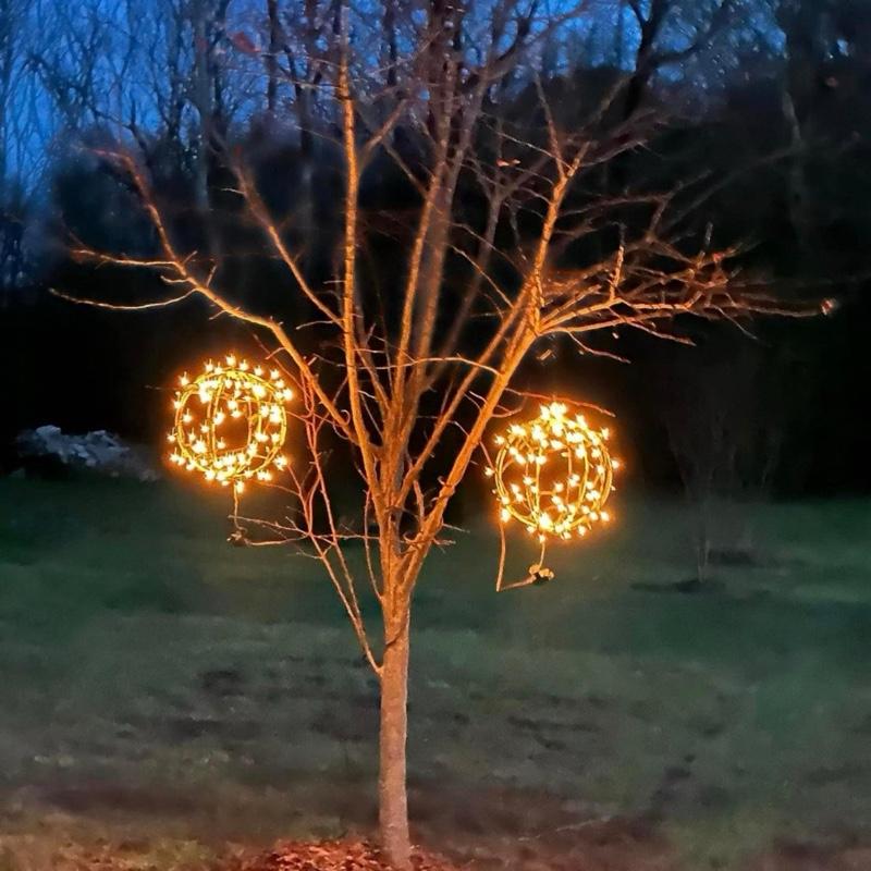 Globe and Glow 12″ Battery Powered LED Christmas Light Balls Handcrafted Metal Yard & Porch Decorations for Festive Nights 200 LED Warm White Outdoor Weatherproof Holiday Ornaments