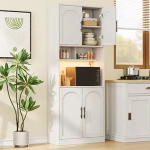 【Christmas Gift】White 71" Tall Kitchen Pantry Storage Cabinet, Kitchen Hutch Storage Cabinet with Led Lights, Freestanding Pantry Cabinet with Microwave Shelf, for Dining Room, Bathroom, Living Room