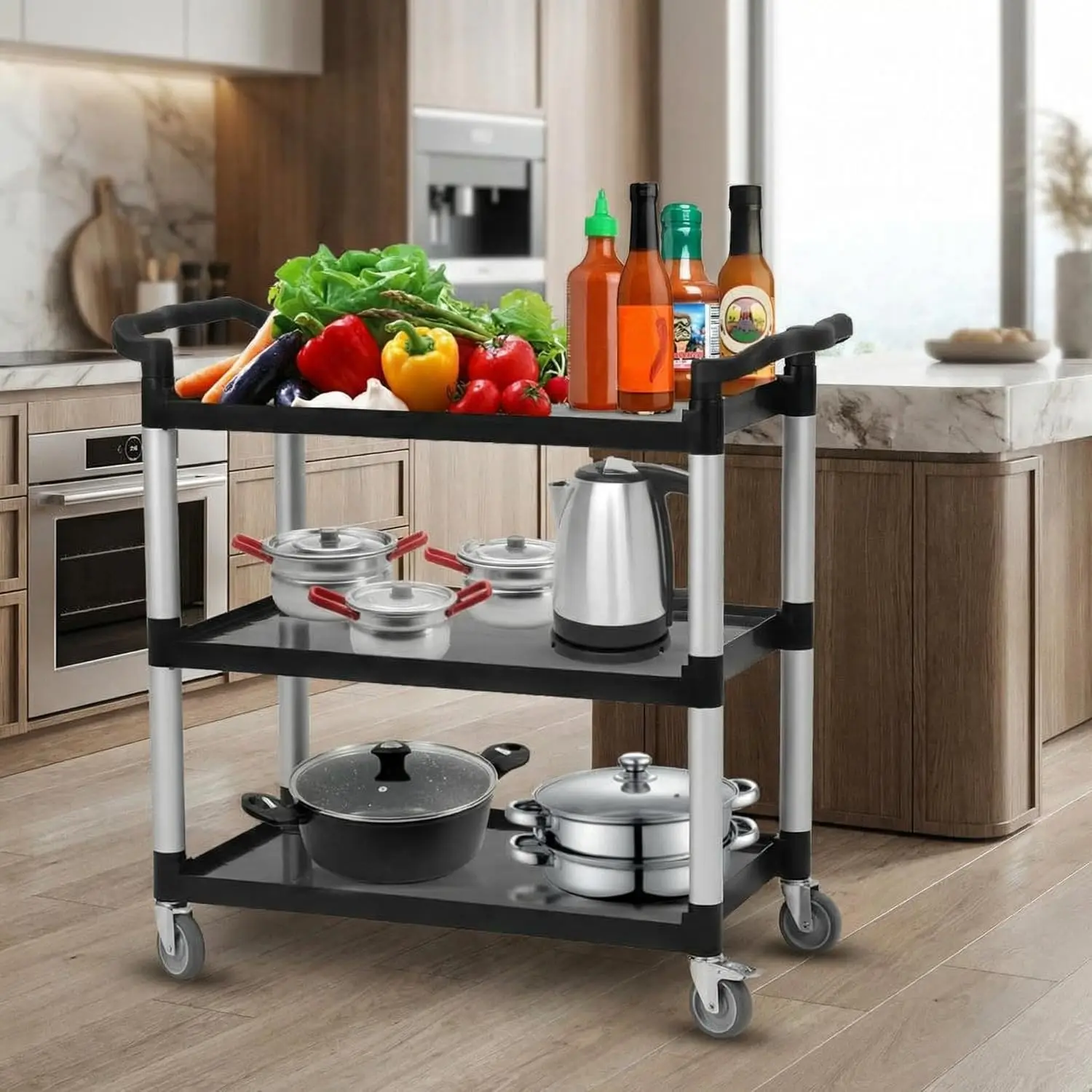3-Tier Heavy Duty Rolling Utility Cart, 500 Lbs Load Capacity with Lockable 360° Swivel Wheels – Large Capacity Service Cart for Kitchen, Restaurant, Warehouse & Home Organization