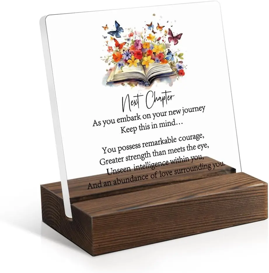 Next Chapter Acrylic Sign With Wooden Stand, Coworker Leaving Gift for Women, Going Away Gift for Friends, New Beginnings Plaque for Colleagues, Retirement