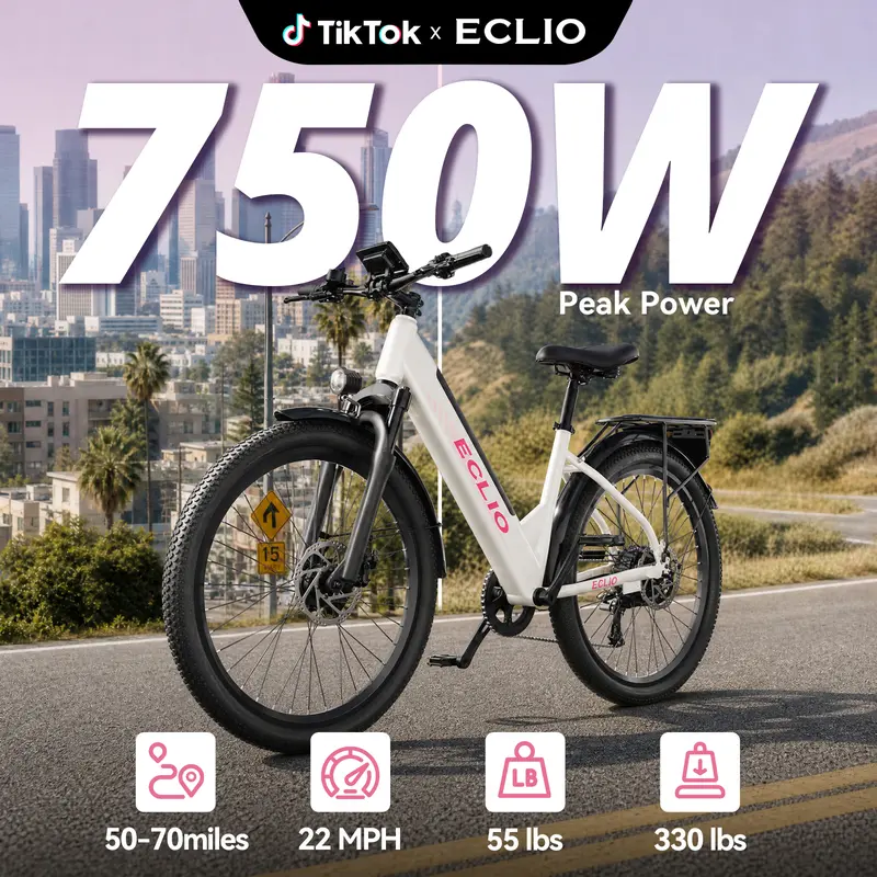 ECLIO M5L Adult Unisex All-Terrain Mountain Ebike - 26-in Fat Off-Road Tire Bikes, 750W Peak Motor, 22 MPH Top Speed, Up to 60-Mile Range, Removable Battery, High-Carbon Steel Frame, UL Certified, 1-Year Warranty, 30-Day Free Returns