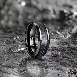 Men's 8mm Tungsten Ring with Purple Dragon Carbon Fiber Inlay, Glamorous Comfort Fit Wedding or Promise Band