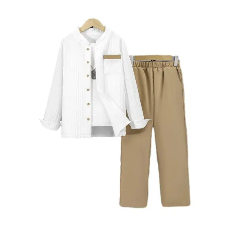 Spring Autumn Clothes For Tween Boys Solid Color Stand Collar Long Sleeve Button Shirt and Straight Pants Set 2Pcs Casual Outfits 8-12,Ready Stock 42505038
