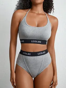 Leisure Smooth & Comfy Hanging Neck Letter Wireless Bra&Bralette-Melange Gray