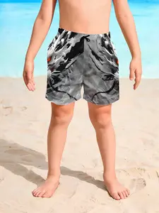 Boys' Summer Cool Casual Beach Shorts, Ink Eye Wolf Head Print, Quick-Dry Short Pants, Drawstring Waist, Slim-Fitting