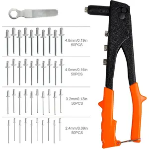 Rivet Gun, Manual Pop Rivet Gun with 4 Replaceable Nosepieces & 200 PCS Rivets, Hand Riveter for Automotive, Furniture, DIY & Metal Working