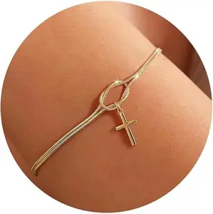 Tewiky Dainty Cross Bracelet CZ Layered Snake Chain Knot Bracelets for Women Trendy Religious Christian Jewelry Gifts For Easter