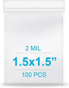 1.5 x 1.5 inches, 100 Pack 2 Mil Thick Clear Plastic Poly Bags with Resealable Zip Lock for Photos, Jewelry, Bakery, Candy,