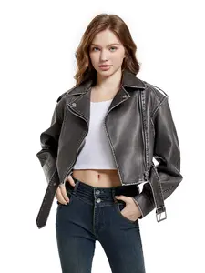 Faux Leather Jacket, Short  Coat, Belted PU Moto Biker Jacket * LooKo