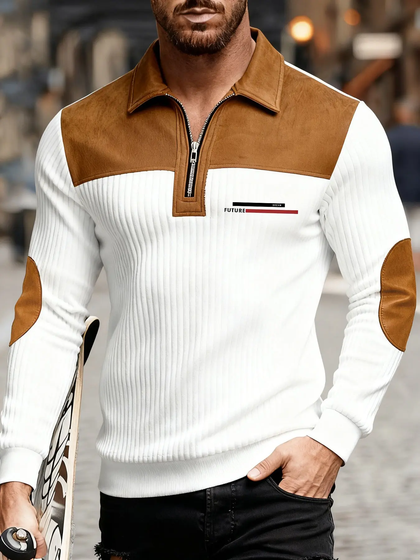 Women's Geometric Pattern Fitted Cut Knitted Polo Shirt, Fall & Winter Fashionable Casual Top, Stylish Half-Zip Collar Design, Comfortable Daily Wear, Long Sleeve