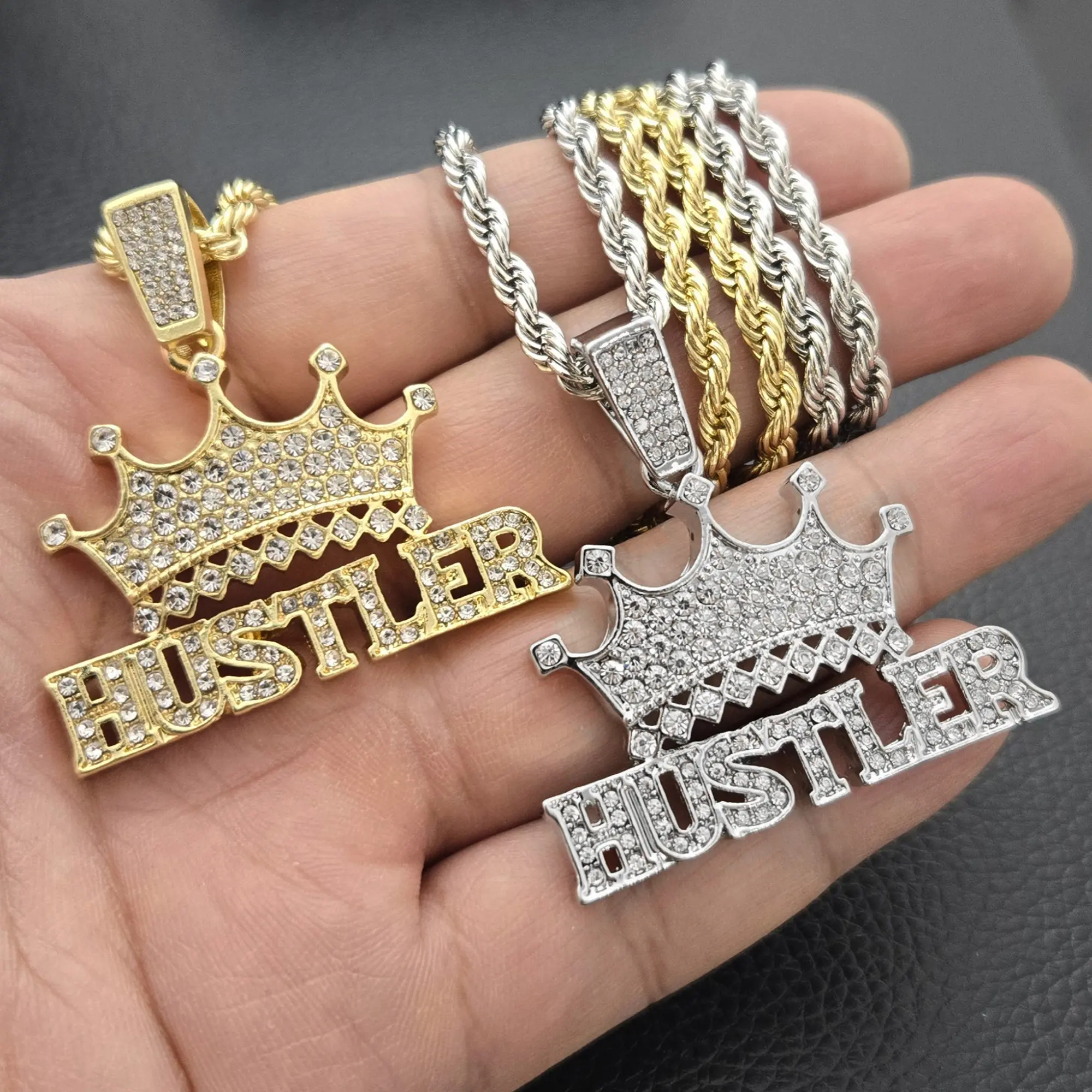 MaxBling81 Unisex White Gold HUSTLER Crown Cubic Zirconia Pendant Necklace - 4mm Rope Chain, 18/20/24in Lengths, Hip Hop Costume Jewelry for Halloween Gifting, White Gold Necklace