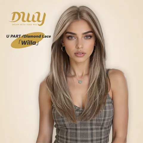 Willa-DWY Pre-cut U part Diamond Lace Mid-length Lace Icy Bronde Highlighted Layer-cut Curly Hair Glueless Synthetic Wigs for Women 20 Inch