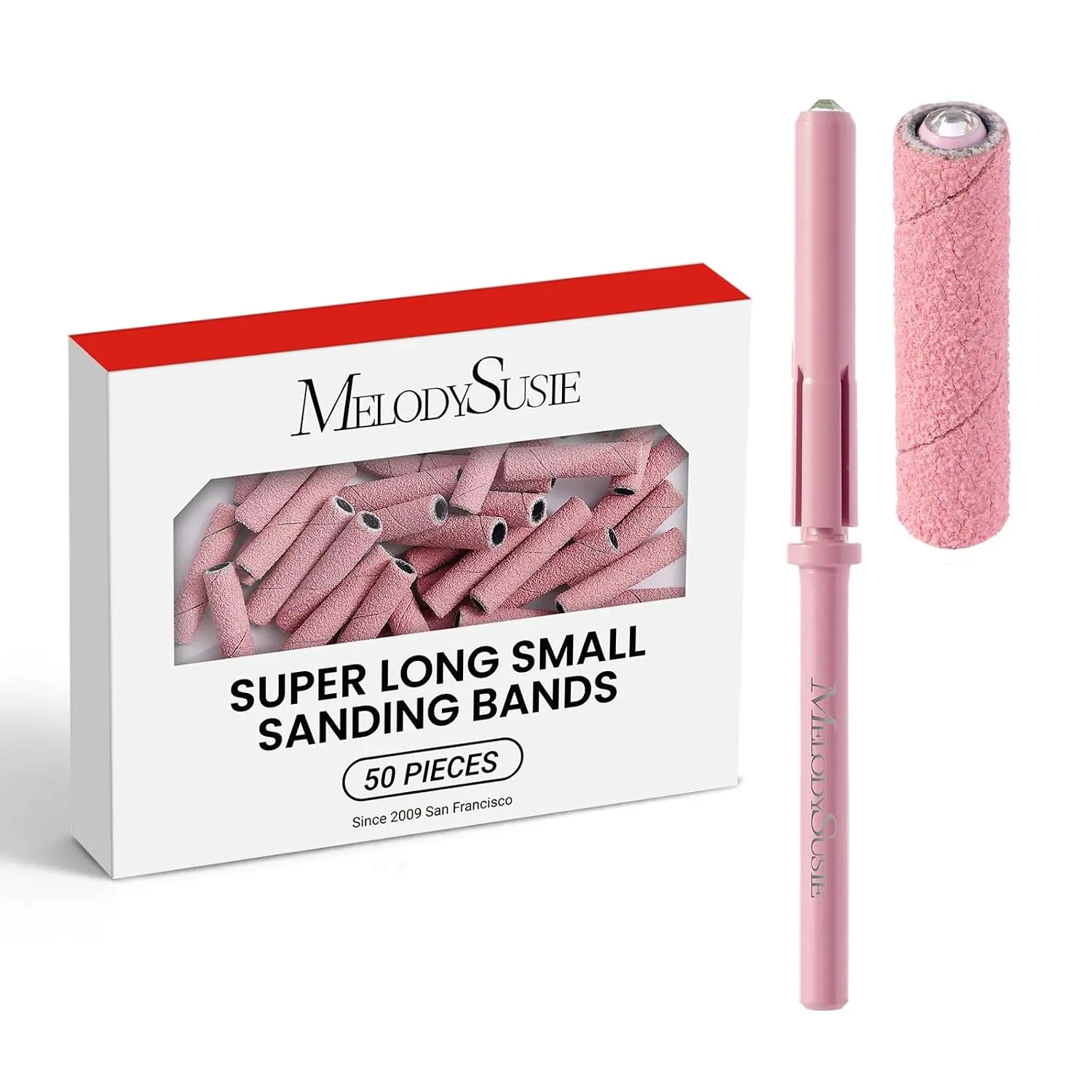 MelodySusie 50Pcs Nail Drill Bits Super Long Small Sanding Bands with 3.1mm Crystal Mandrel Bit, 180 Fine Grit Nail File for Acrylic Nails Gel Manicures and Pedicure