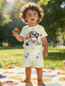 Cute and Soft Detective Bluey Headscarf & Sunglasses Puppy Printed Infant Short Sleeve Set, Baby Casual Kids' Clothing, T-Shirt Suitable for Daily and Outdoor Sports, 100% Polyester, Perfect Gift for Infants!