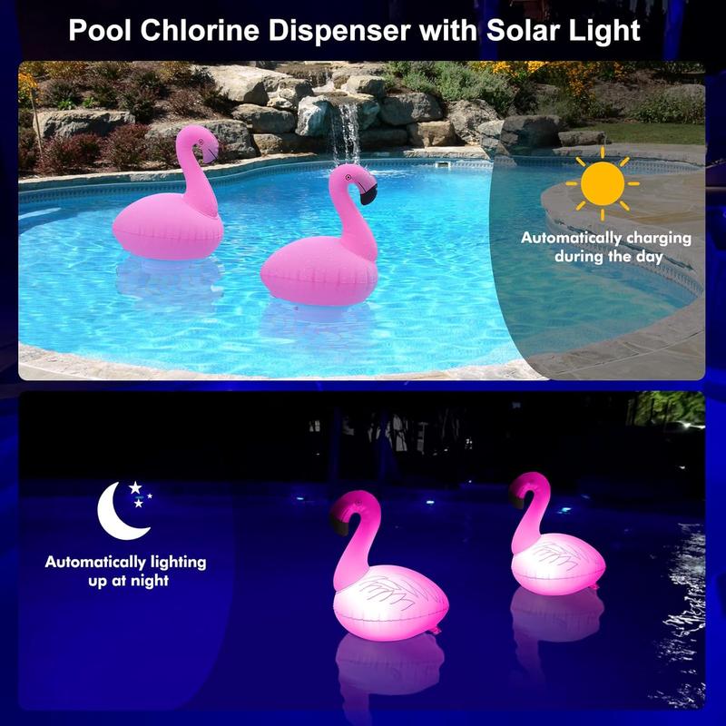 Pool Chlorine Floater with Solar Light, Inflatable Flamingo Floating Chlorine Dispenser for 3 inch Chlorine Tabs, Never Sink Bromine Chlorines Tablet Holder Floater for Pool, Hot Tub,Spa