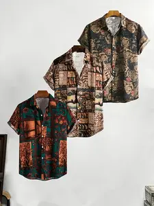 3 pieces of men's Tropical vacation shirts, featuring ethnic style patterned short-sleeved button-down shirts, are perfect for beach vacations and summer gatherings.