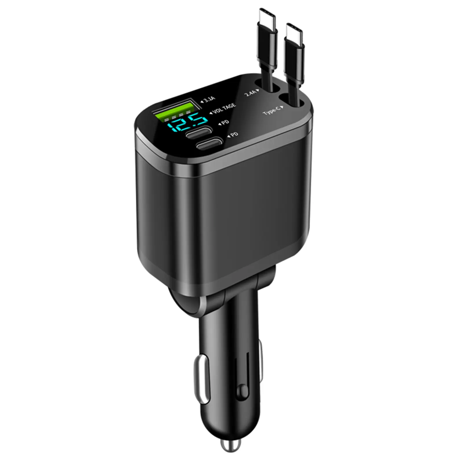 5-in-1 Retractable Type-C/Lightning Cable Car Chargers - 180° Rotatable PD Fast Charging QC3.0 Cigarette Lighter Adapter, LED Voltage Display, Multi-Port for iPhone Android (2 Specifications Available)