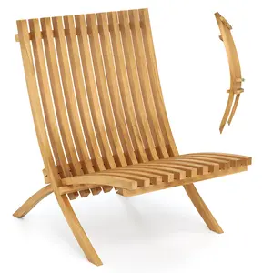 COSTWAY - Folding Teak Wood Outdoor Lounge Chair with Slatted Seat and Backrest