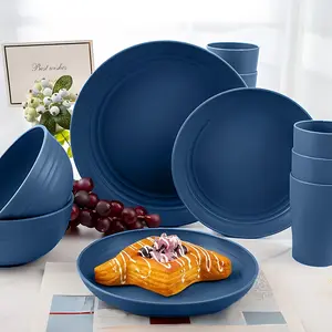 16pcs Blue Dinner Set Tableware for 4, Includes Plates, Bowls, and Cups, Microwave Safe, Dishwasher Friendly, Perfect for Holidays and Outdoors