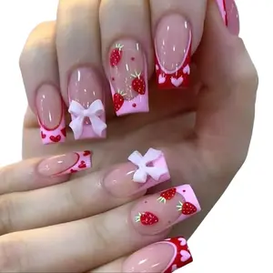 Press on Nails Medium Square With Bow Strawberry Designs Pink French Tip Red Acrylic Nude False Heart Stick on for Women 24Pcs