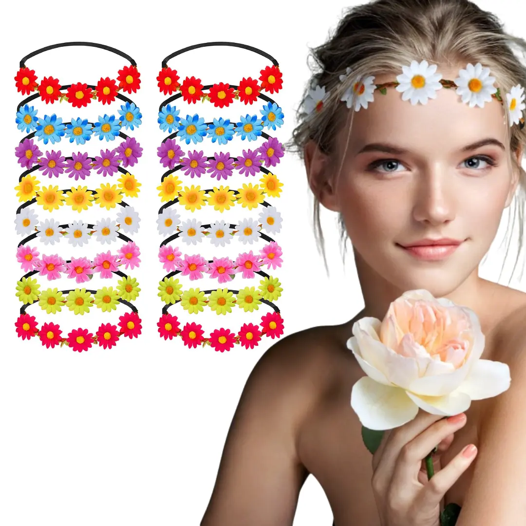Bohemian Daisy Flower Crown Headbands, 16-Piece Multicolor Floral Garland Set for Women & Girls, Adjustable for Festival, Wedding & Party, Fits All Age Groups