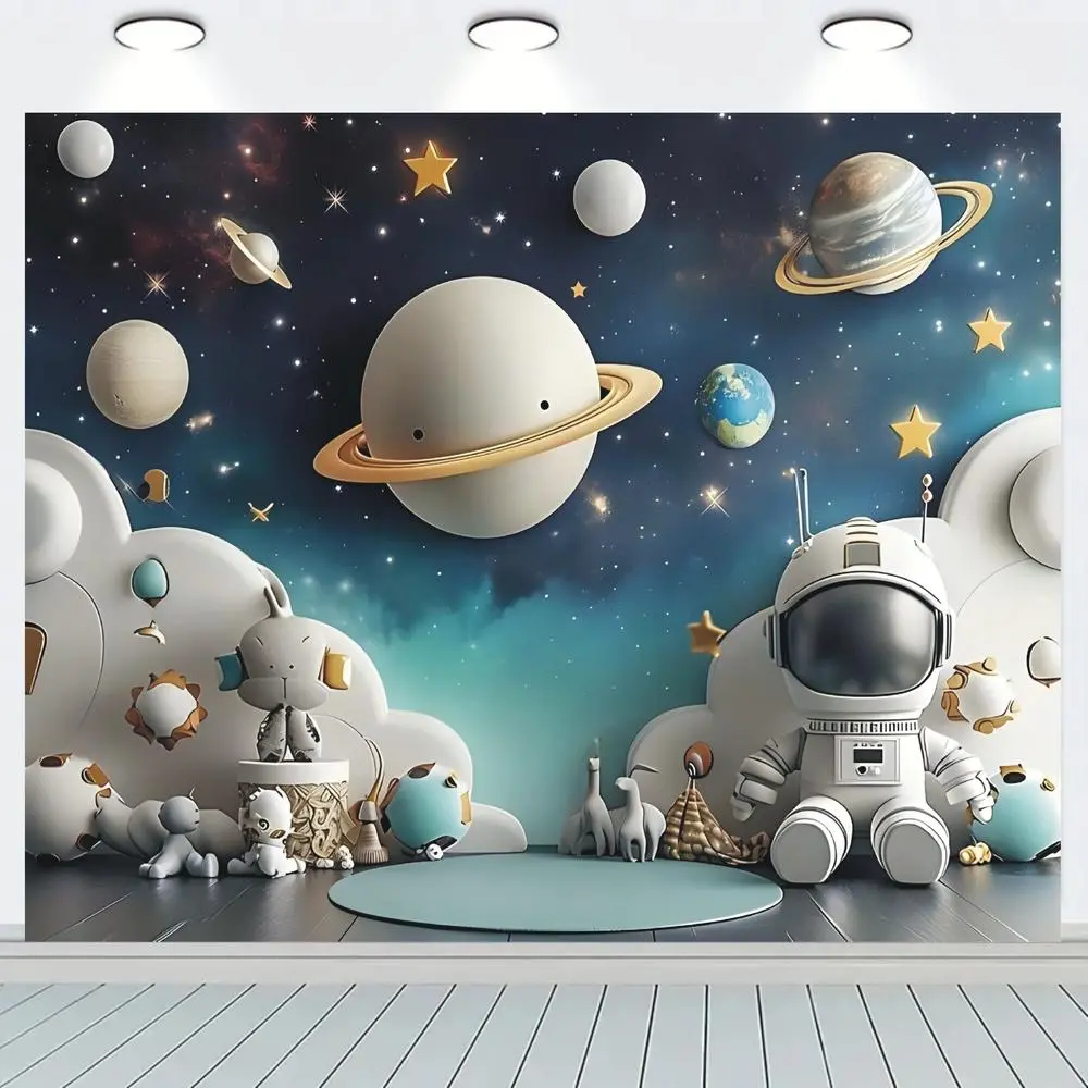 Cosmic Theme Polyester Flat Backdrop, Space Suit & Golden Sparkly Star Ring Print Banner for Birthday Party Decorations, Cake Smash Photography, Kids' Parties