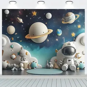 Space Suit Birthday Background Banner Golden Sparkly Star Ring Polyester Cake Smash Photography Backdrop for Party Decor