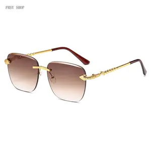 Women's Unisex Alloy Semi-Rimless Trendy Luxury Sunglasses - Frameless Square Style with Elegant Gold Snake Decoration, Brown Gradient UV-Protection Lens, Chic Celebrity Eyewear for Resort & Outdoor Use