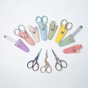 Leather Embroidery Scissors Case, Colorful Plaid Design, Zipper Closure, Protective Cover for Sewing Tools, Durable Craft Accessory
