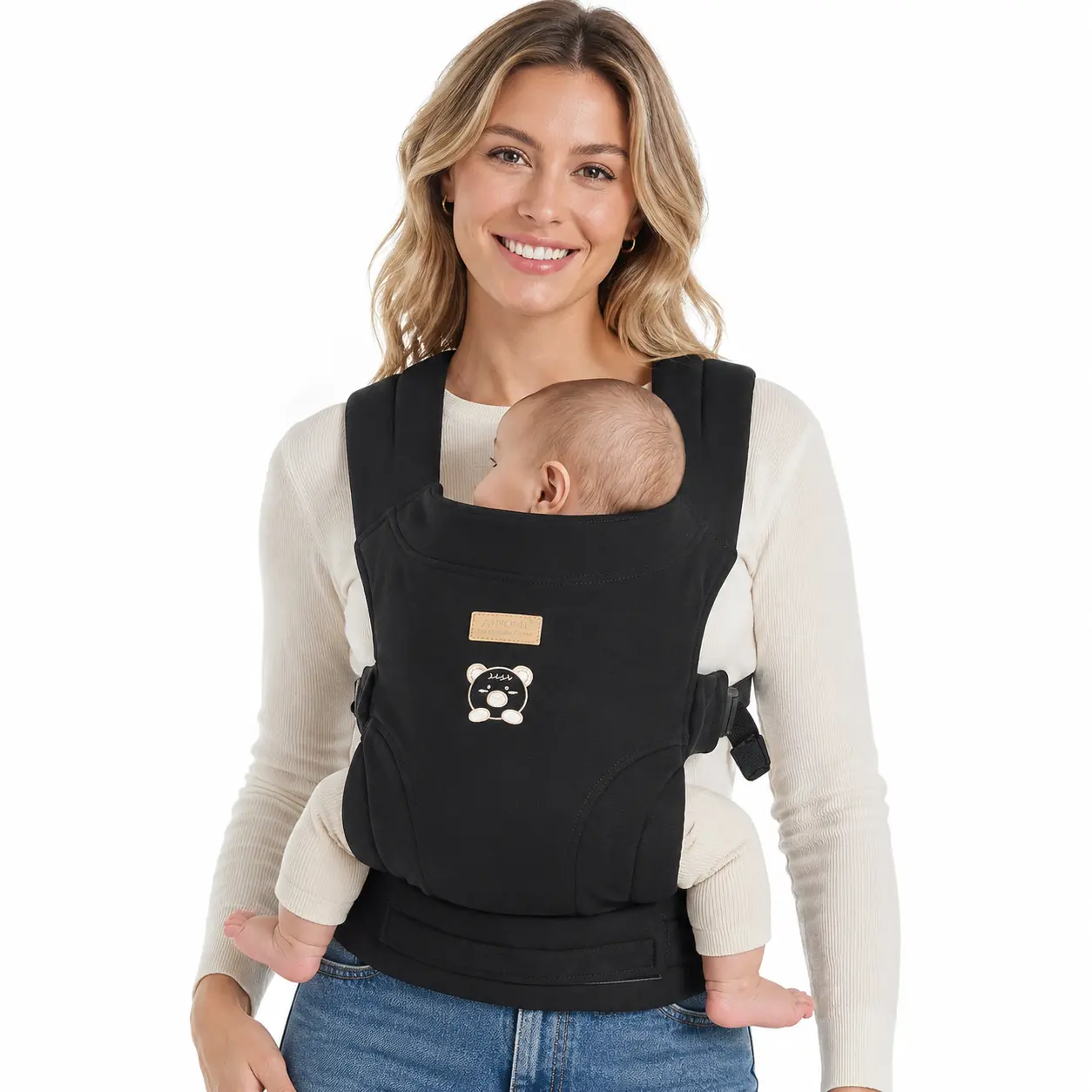 Baby adjustable ergonomic lightweight soft cotton deep gray infant seat belt — wide crisscross shoulder straps, all-around leg protection design, dual waist support, button closure, cartoon decoration, even weight distribution, comfortable all day long.