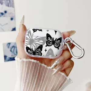 Fashion Black Butterfly Pattern TPU Soft Protective Case for Apple AirPods 4/3/2/1/Pro/Pro2 Transparent Earphone Cover with Keychain Attachment