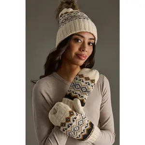 Cream, Black & Camel Patterned Mittens | Panache