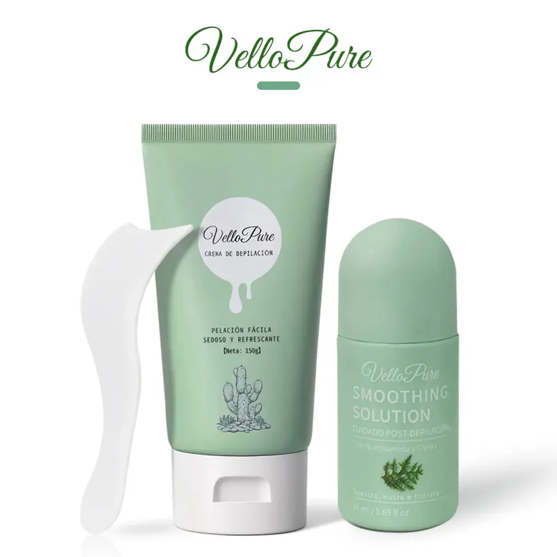 VelloPure Hair Removal Cream and Post-Depil Serum Set for Sensitive Skin, 150g Fast 4-Min Depilatory Cream with Aloe Vera & Cactus + 50ml Soothing Hydrating Serum with Niacinamide for Legs, Arms, Bikini & Underarms A03