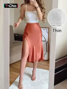 Women's Spaghetti Strap Cami Top & Satin Midi Skirt Set, Womenswear, Cropped Tank, High Waist Side Slit Button Decor, Back Zipper Closure, Smooth Draped Woven Fabric, Daily Casual Commute Date Night Dinner Party Wear
