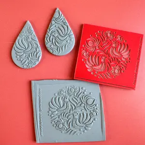 Peacocks Folk Art polymer clay deco rubber stamp texture sheet