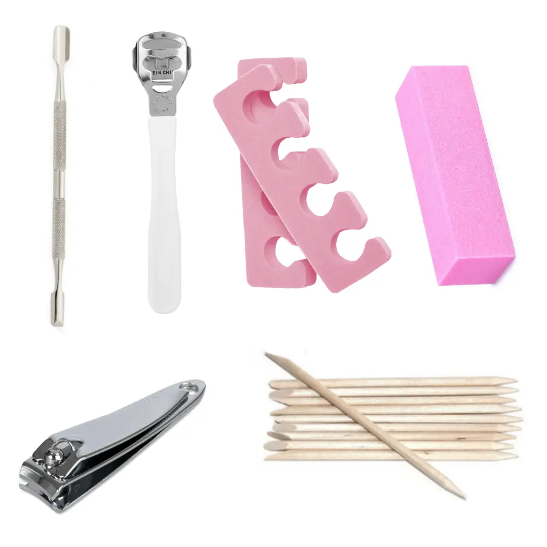 Pedicure Kit: Callus Trimmer, Wooden Sticks, Cuticle Pusher, Nail Clipper, Block Buffer, and Toe Separator