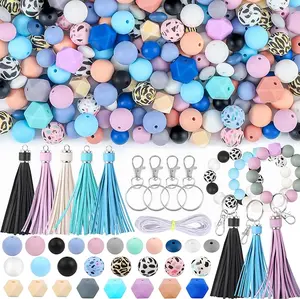 141pcs Silicone Beads for Keychain Making Kit 15mm 12mm Round 14mm Polygonal Silicone Loose Beads Bulk for Pens Bracelet Necklace Crafts Making