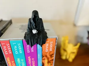 Suriel Bookshelf Decor - Unique Suriel Design with Grim Reaper Sitting on Bookshelf & Teacup Figurine - Spooky Ornaments for Home Decor Decorative