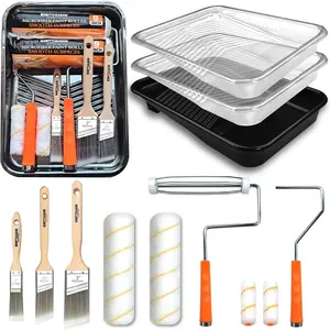 12 Pack Paint Tray Set with Liner, Paint Brush and Paint Roller Covers with Wire Roller Frame for Home Improvement Painting Walls Ceilings Trim Siding