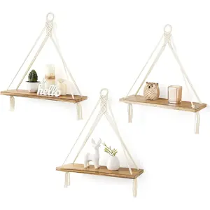 Macrame Hanging Shelves Boho Wall Decor Set of 3 Rustic  Floating Storage Shelf for Bedroom Bathroom Living Room  Dorm Room, Display Shelving for Hanging  Photos