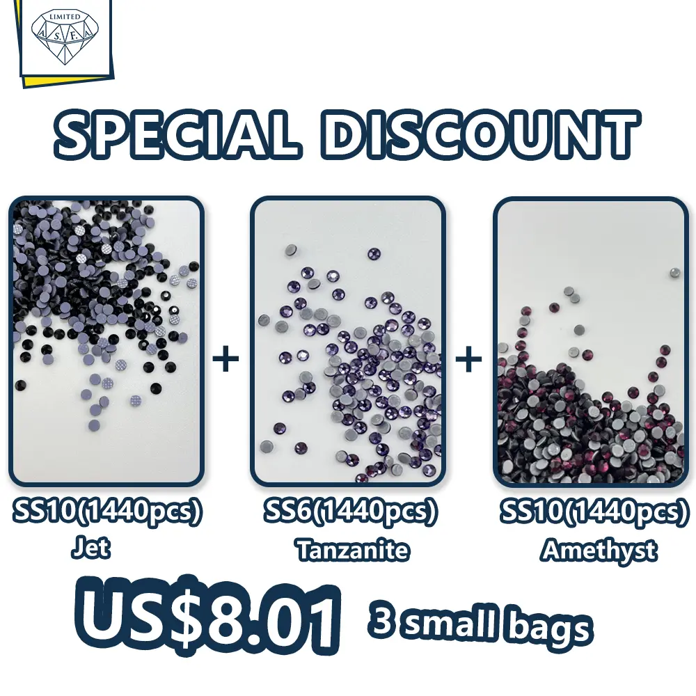 Hot Fix Rhinestones Set, 4320pcs 3 Small Bags, Jet/Tanzanite/Amethyst Colors for DIY Handmade Clothing Decoration