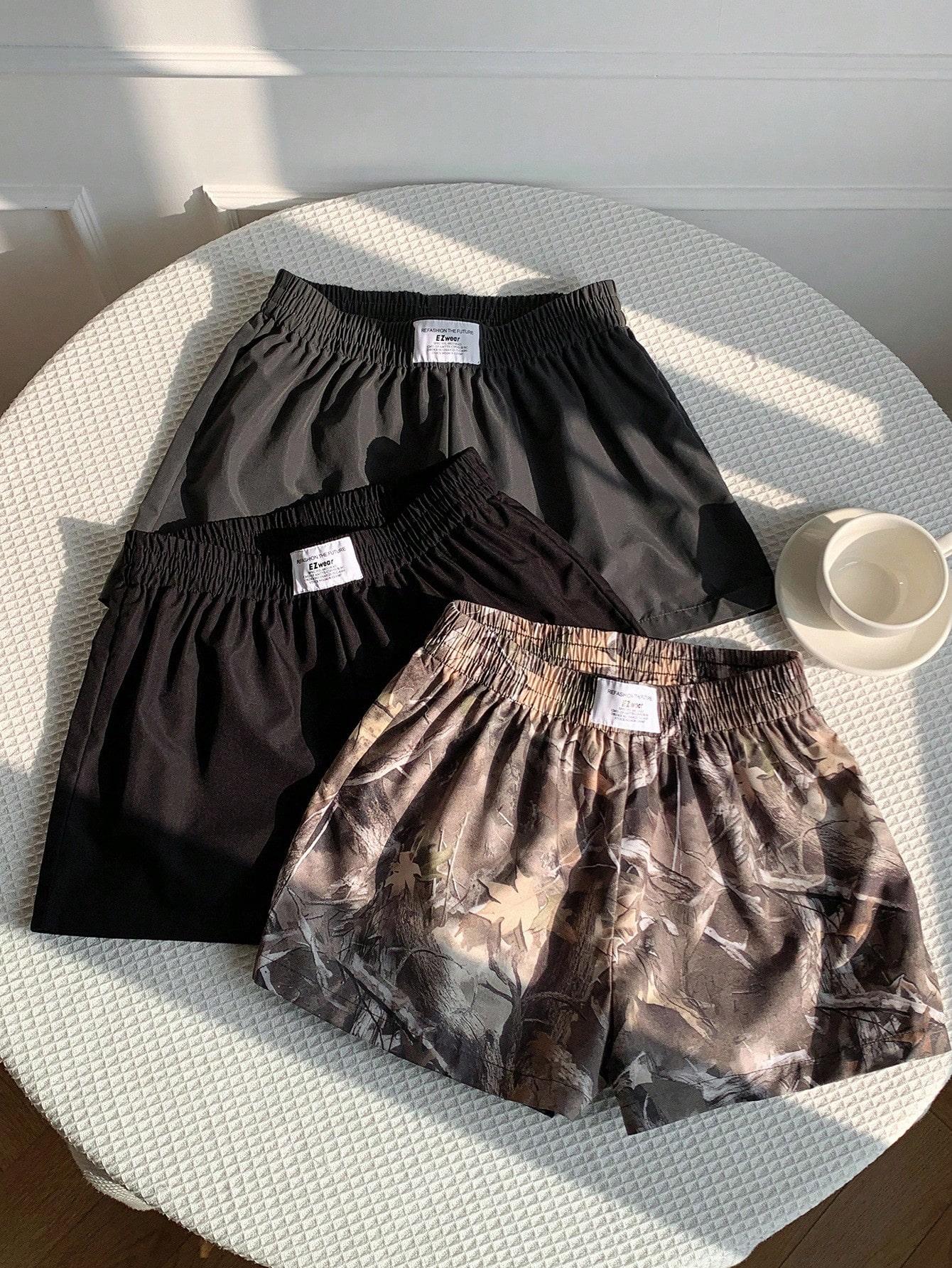 Women's Summer 3-Piece Set Of Solid Color And Branch Print Shorts, Suitable For Daily Wear, Simple And Versatile,Comfy Shorts