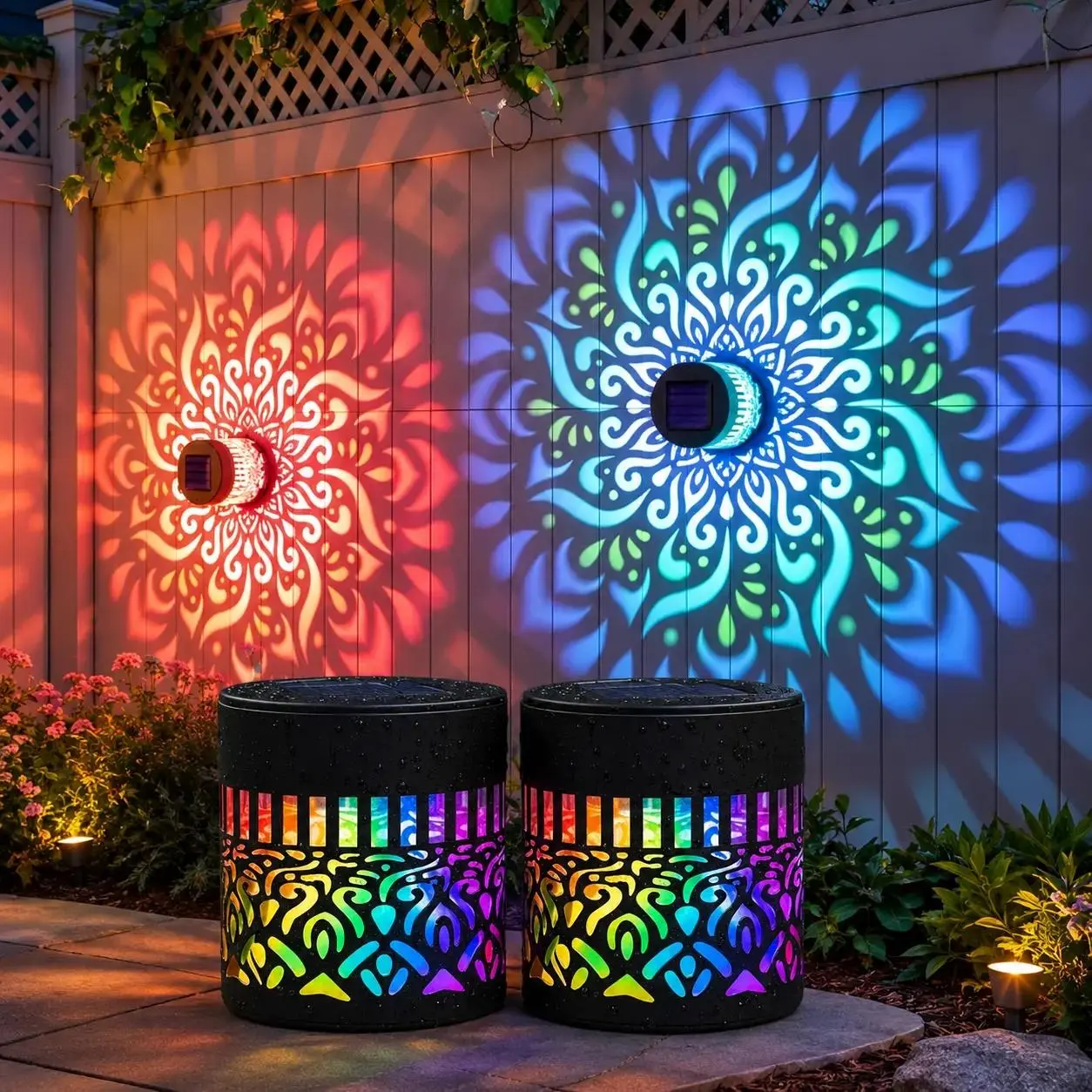 Solar Mandala Projection Outdoor Fence/Wall Lights 2-4-Piece Set, RGB Color Changing IP65 Waterproof LED Decor, Flickering Firefly Effect, COB Tea Pumpkin Design, Ideal for Garden Holiday Decor