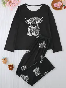 Women's 2-Piece Pajama Set, Casual Round Neck Long Sleeve Top & Elastic Pants, Cow Cartoon Print, All-Season Comfortable Sleepwear